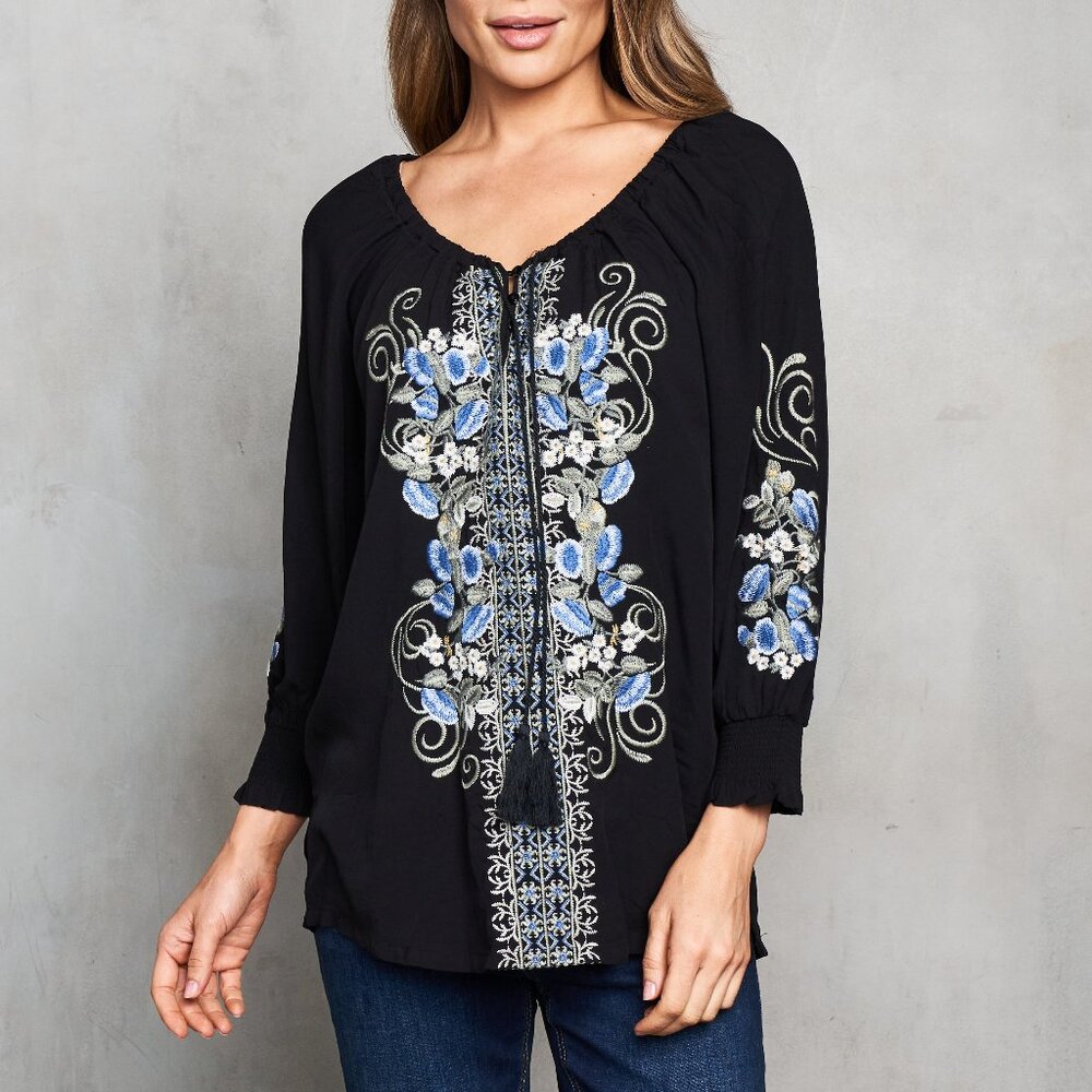 5060- EMBROIDERED VISCOSE PEASANT TOP